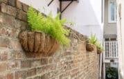 Hanging planters with green ferns on a brick wall along a narrow passageway near a building.