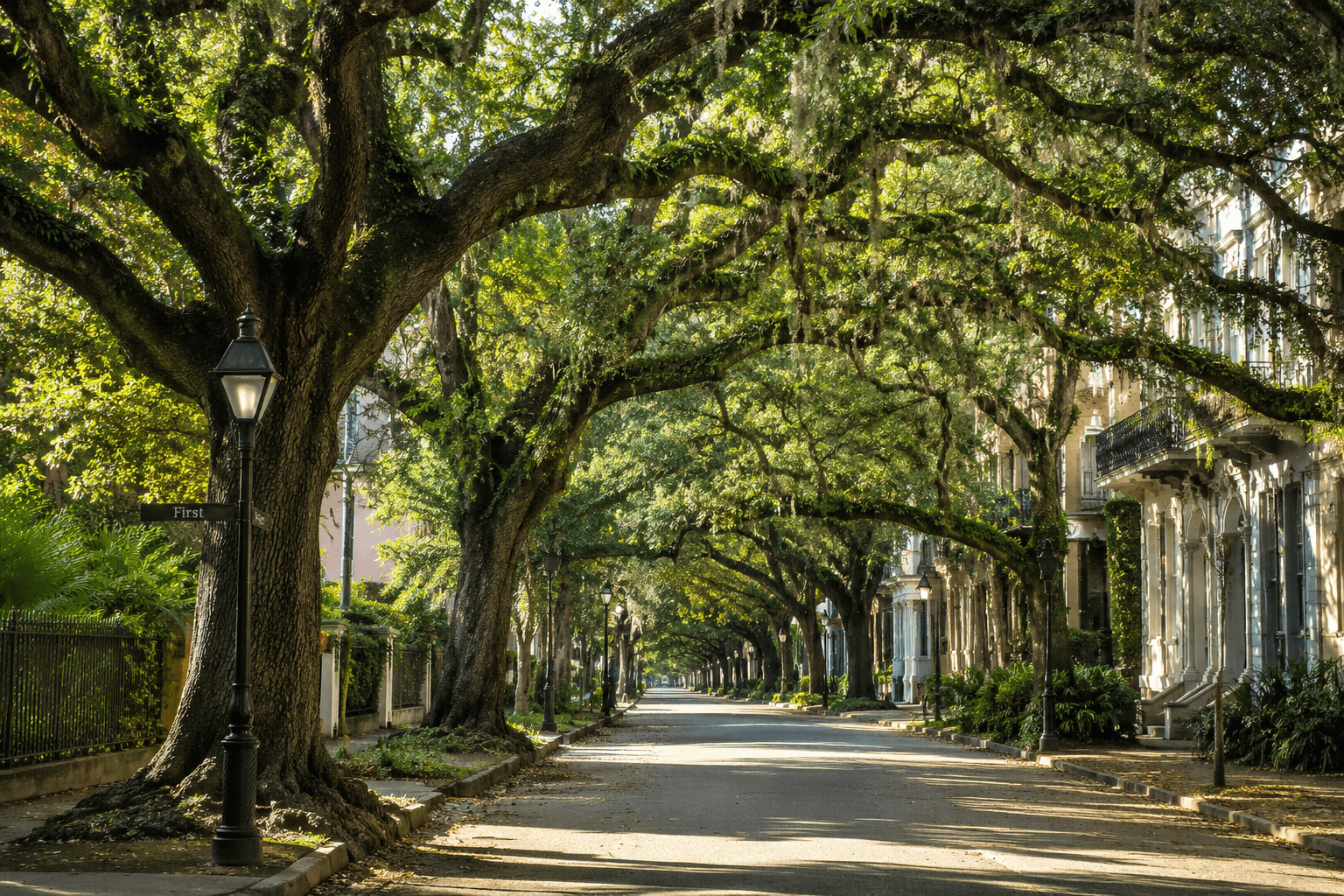 Tree-lined street with charming historic townhouses, creating a serene and picturesque setting for a delightful stay.