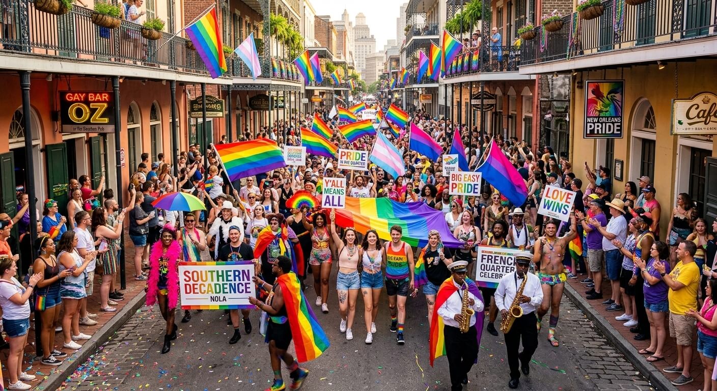 Colourful LGBTQ+ parade on vibrant street with flags, lively crowd, nearby cafes, and welcoming hotel atmosphere.