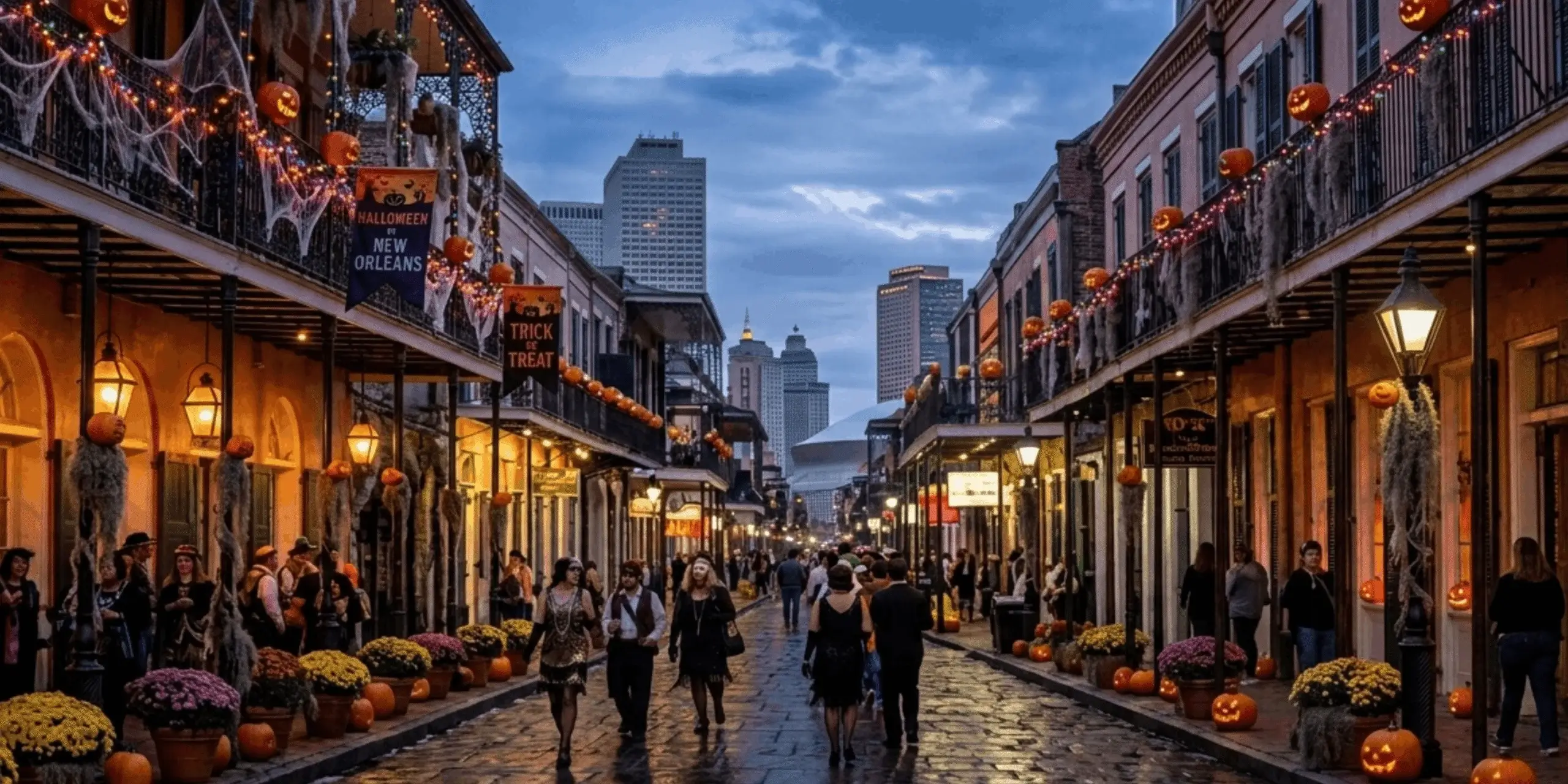 Evening Bourbon Street scene with hotel balconies draped in Halloween lights, carved pumpkins and cobwebs, lively pedestrian street, cosy street lamps, seasonal decorations and nearby skyline views